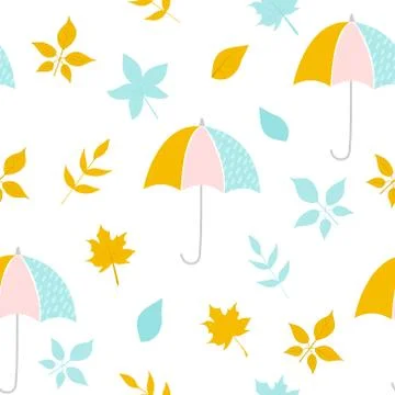 Seamless pattern with hand-drawn autumn leaves and umbrellas. Modern abstract Stock Illustration