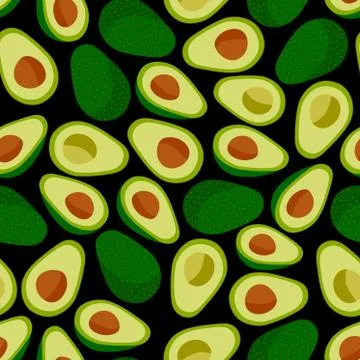 Seamless pattern with hand drawn avocado on a black background. Stockillustratie