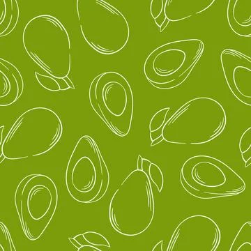 Seamless pattern with hand drawn avocado in line art style on green background Stock Illustration
