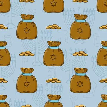 Seamless pattern with a hand-drawn bag of coins on blue background Stock Illustration