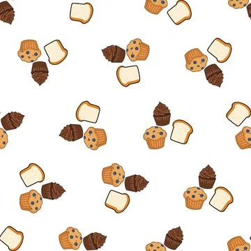 Seamless pattern with hand drawn bakery products like bread and muffins. イラスト素材