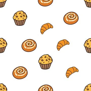Seamless pattern with hand drawn bakery items including muffins croissants .. Stock Illustration