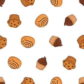 Seamless pattern with hand drawn bakery items like muffins and cinnamon rolls Stock Illustration