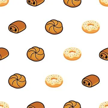 Seamless pattern with hand drawn bakery items like donuts and pastries on w.. Stock Illustration