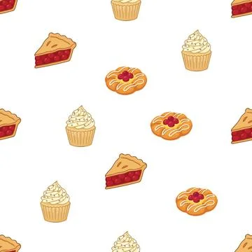 Seamless pattern with hand drawn bakery pastry and sweet dessert items on w.. Stock Illustration