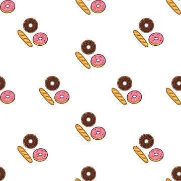 Seamless pattern with hand drawn bakery items like donuts and bread loaves. Stock-Illustration