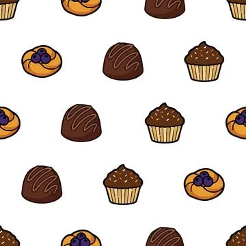 Seamless pattern with hand drawn bakery items including chocolate truffles .. Illustrazione stock