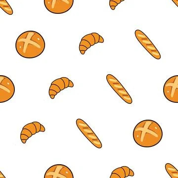 Seamless pattern with hand drawn bakery items like croissants and bread loave Stock-Illustration
