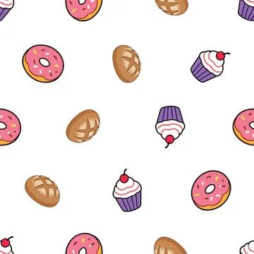 Seamless pattern with hand drawn bakery items like donuts cupcakes and brea.. Stock Illustration