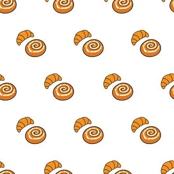 Seamless pattern with hand drawn bakery items like croissants and cinnamon .. Stock Illustration