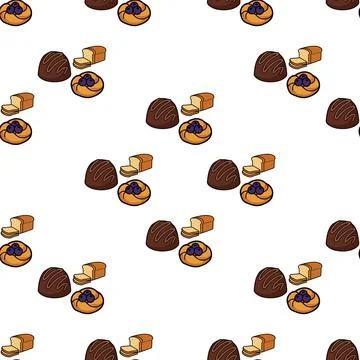 Seamless pattern with hand drawn bakery items including chocolate truffles .. Stock Illustration