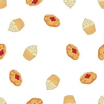 Seamless pattern with hand drawn bakery items like cupcakes and fruit danis.. Stock Illustration