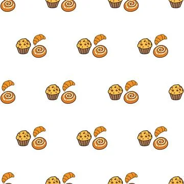 Seamless pattern with hand drawn bakery items including muffins croissants .. Stock Illustration