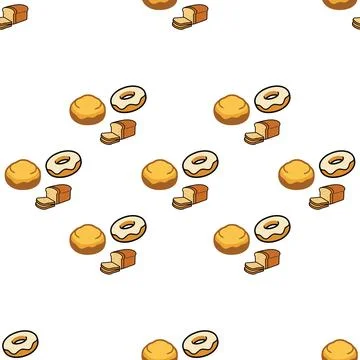 Seamless pattern with hand drawn bakery items like donuts and bread loaves. Stock-Illustration