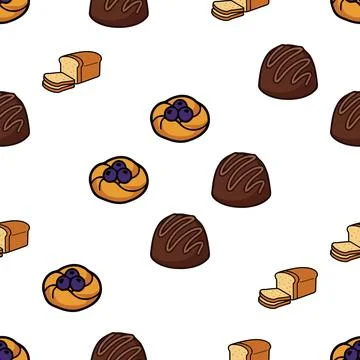 Seamless pattern with hand drawn bakery items including bread chocolate tru.. Stock-Illustration