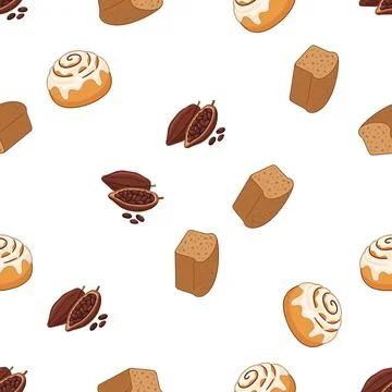 Seamless pattern with hand drawn bakery items cinnamon rolls cocoa beans an.. Stock Illustration