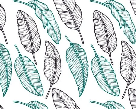 Seamless pattern with hand drawn banana leaves in teal and black outline on Stock Illustration