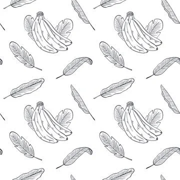 Seamless pattern with hand drawn banana clusters and tropical leaves Illustrazione stock