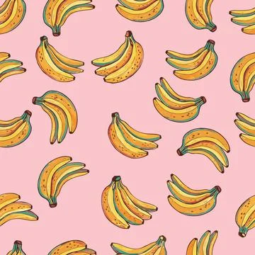 Seamless Pattern with Hand-Drawn Bananas on a Pink Background. Stock Illustration