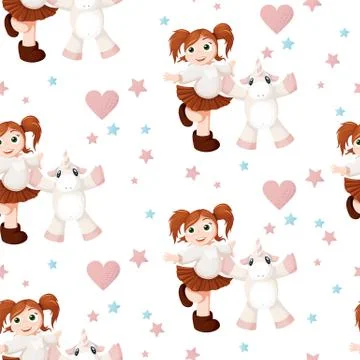 Seamless pattern with hand drawn beautiful cute little girl and unicorn Stockillustratie