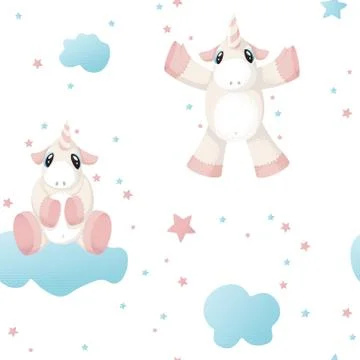Seamless pattern with hand drawn beautiful cute unicorn on clouds Stockillustratie