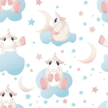 Seamless pattern with hand drawn beautiful cute unicorn on clouds Illustrazione stock