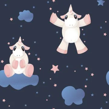 Seamless pattern with hand drawn beautiful cute unicorn on clouds Иллюстрация