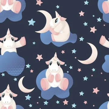 Seamless pattern with hand drawn beautiful cute unicorn on clouds Stock Illustration