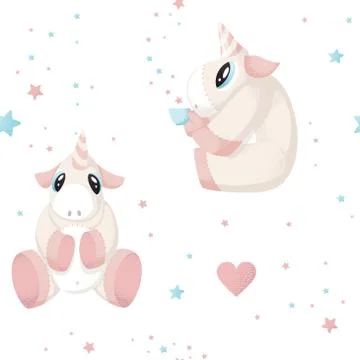 Seamless pattern with hand drawn beautiful cute unicorn on clouds Illustrazione stock