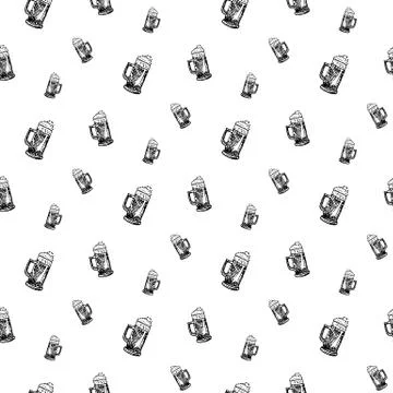 Seamless pattern hand drawn beer mug. Doodle black sketch. Sign symbol. Decor Stock Illustration