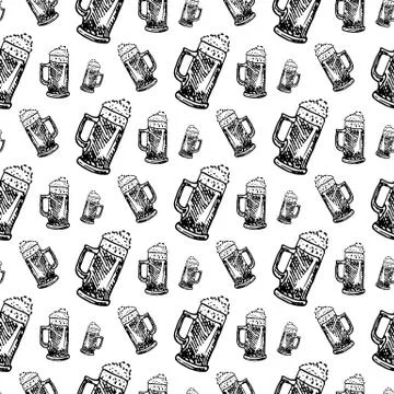 Seamless pattern hand drawn beer mug. Doodle black sketch. Sign symbol. Decor Stock Illustration