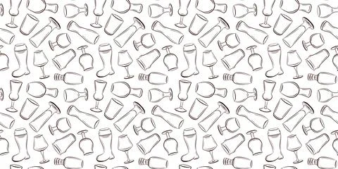 Seamless pattern with hand drawn beer glass line art style. Alcohol drink mug Stock Illustration