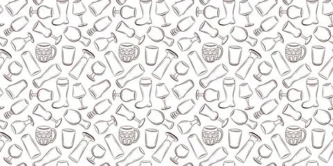 Seamless pattern with hand drawn beer glass and mug line art style on white Stock Illustration