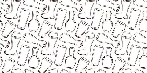 Seamless pattern with hand drawn beer glass and pint mug line art style Stock Illustration