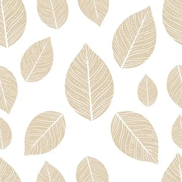Seamless Pattern with Hand-Drawn Beige Leaves on a White Background. Stock Illustration