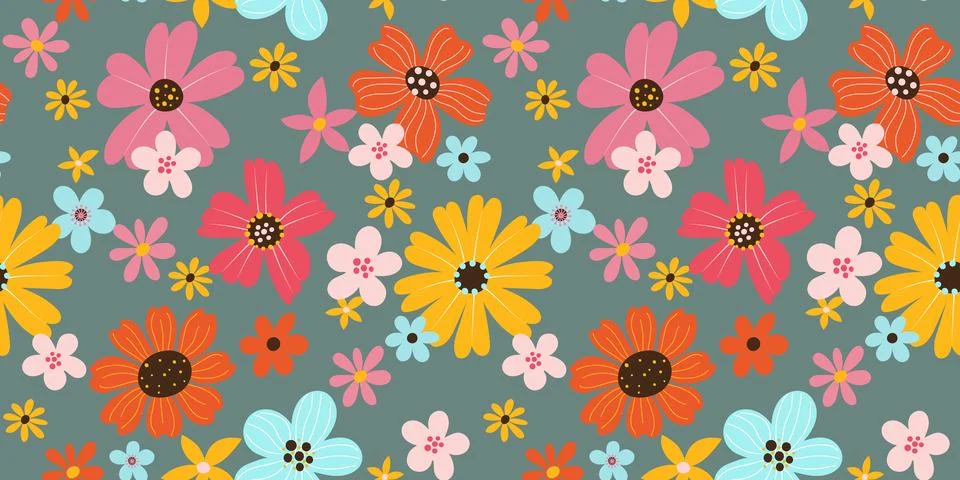 Seamless pattern with hand drawn big different flowers on green background Stock Illustration