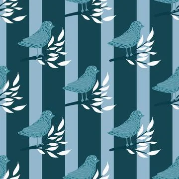 Seamless pattern with hand drawn bird on leaves branches print. Navy blue str Stock Illustration