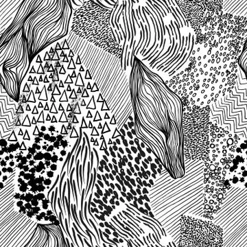 Seamless pattern, hand drawn black abstract shape and line on white Stock Illustration