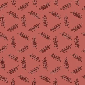 Seamless pattern hand drawn black twig with leaves on red brick carmine backg イラスト素材
