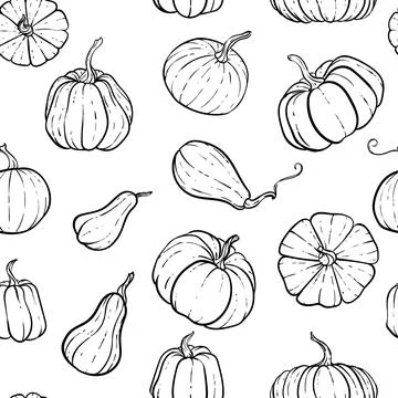 Seamless pattern with hand drawn black and white pumpkin. Cute autumn patte.. 스톡 일러스트