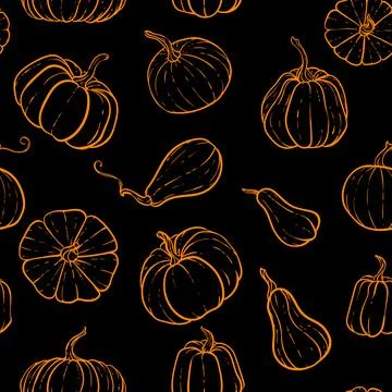 Seamless pattern with hand drawn black and orange pumpkin. Cute autumn patt.. 스톡 일러스트