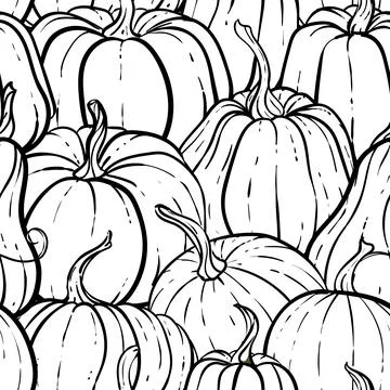 Seamless pattern with hand drawn black and white pumpkin. Cute autumn patte.. Stock Illustration