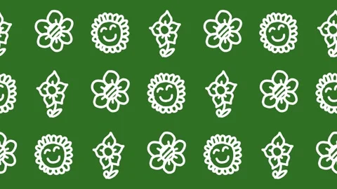Seamless pattern of hand-drawn blooming flowers and smiling sunflowers Stock Footage 336196164