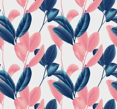 Seamless pattern, hand drawn blue and pink guava leaf on sprig on grey Stock Illustration
