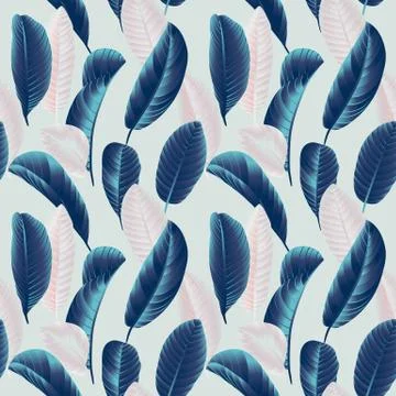 Seamless pattern, hand drawn blue and pink guava leaf on grey background Stock Illustration