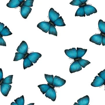 Seamless pattern with hand drawn blue butterflies Stock Illustration