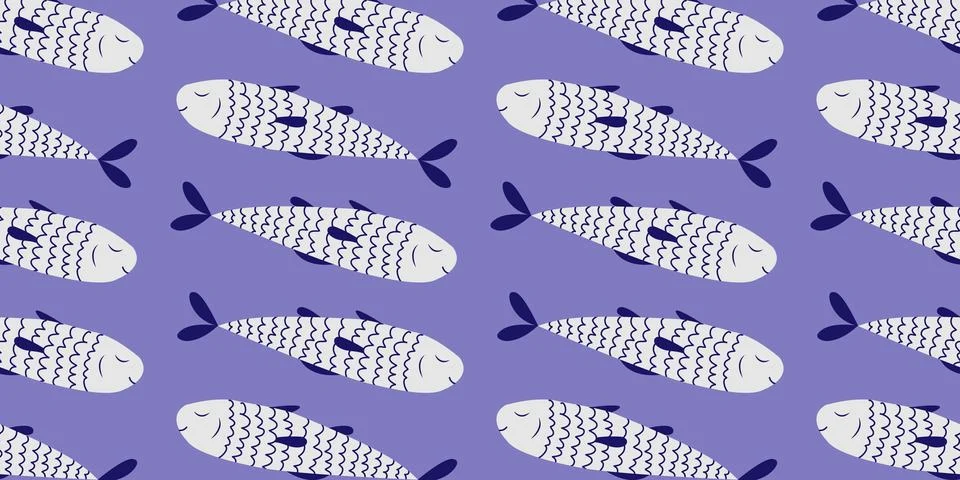 Seamless pattern with hand drawn blue fish. Doodle, simple illustration. It.. Stock Illustration