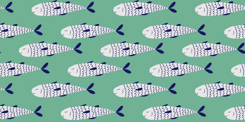Seamless pattern with hand drawn blue fish. Doodle, simple illustration. It.. Stock Illustration