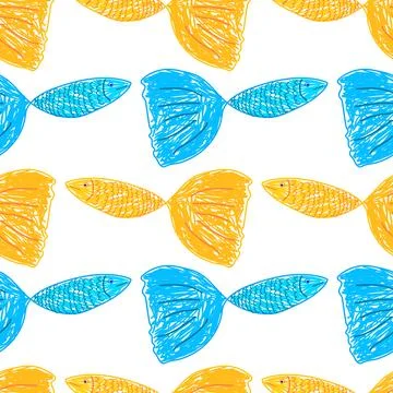 Seamless Pattern with Hand-Drawn Blue and Yellow Fish Stock Illustration