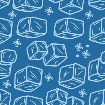 Seamless Pattern Hand Drawn Blue Ice Cubes and Snow Flakes for Cold Drink a.. Stock Illustration